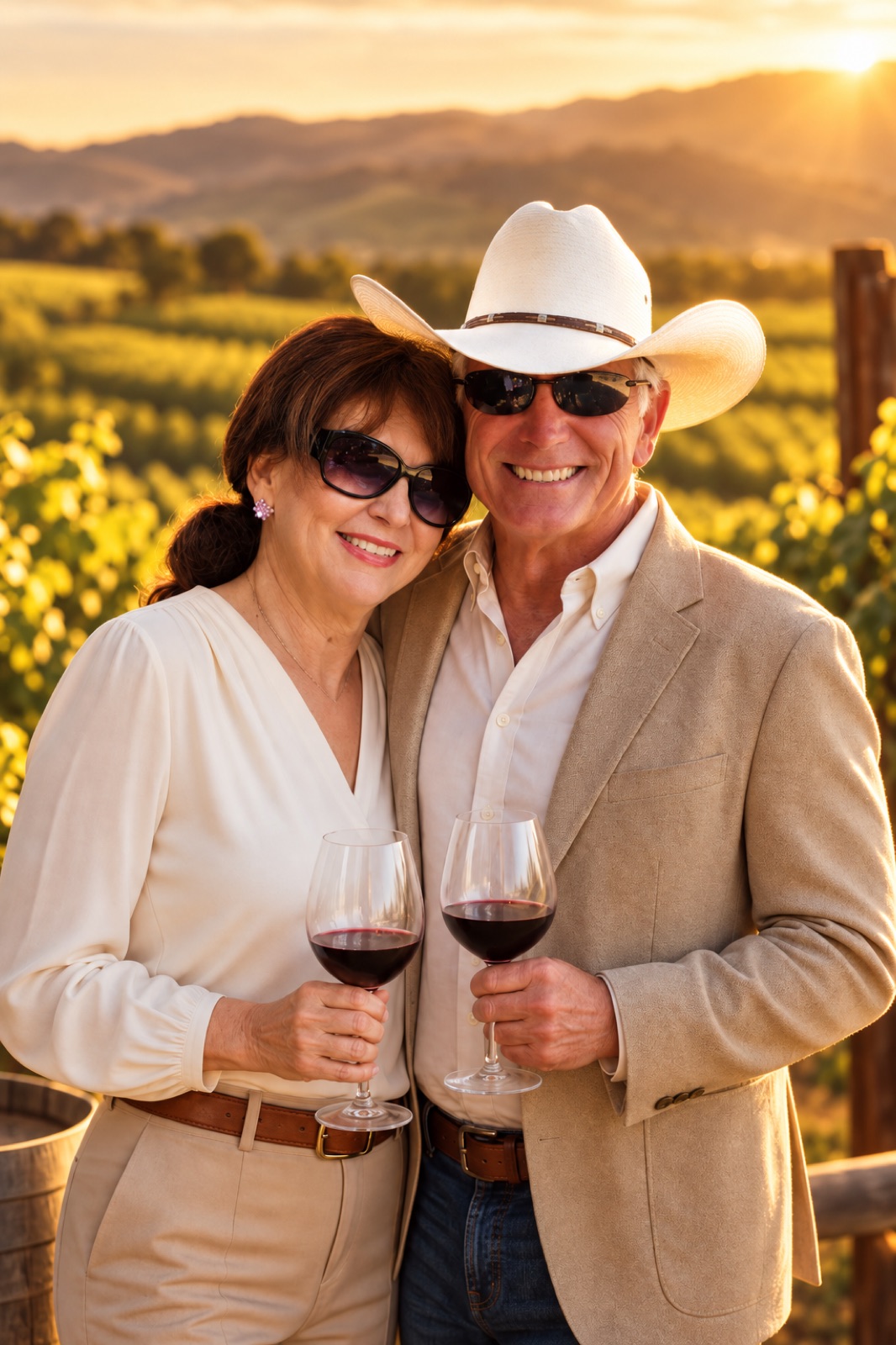 Jeff and Joanne with a glass of their wine, in the vineyard at sunset