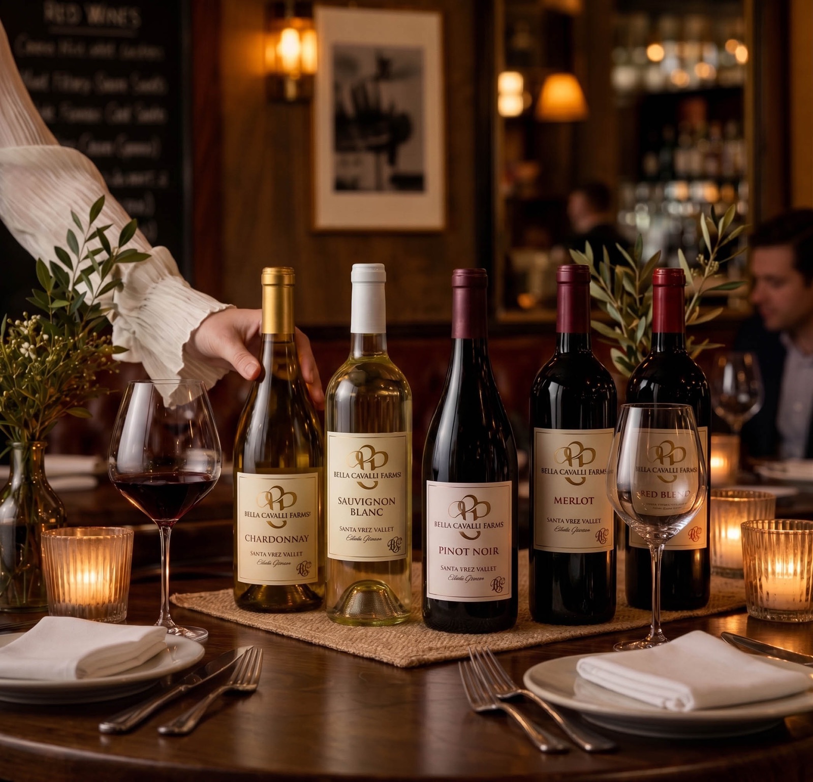 Six bottles of Bella Cavalli wine on a restaurant table by candlelight