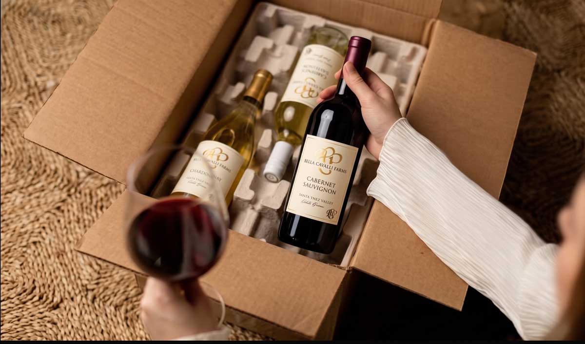 A member lifting a bottle of Bella Cavalli Cabernet Sauvignon out of their six-bottle shipment