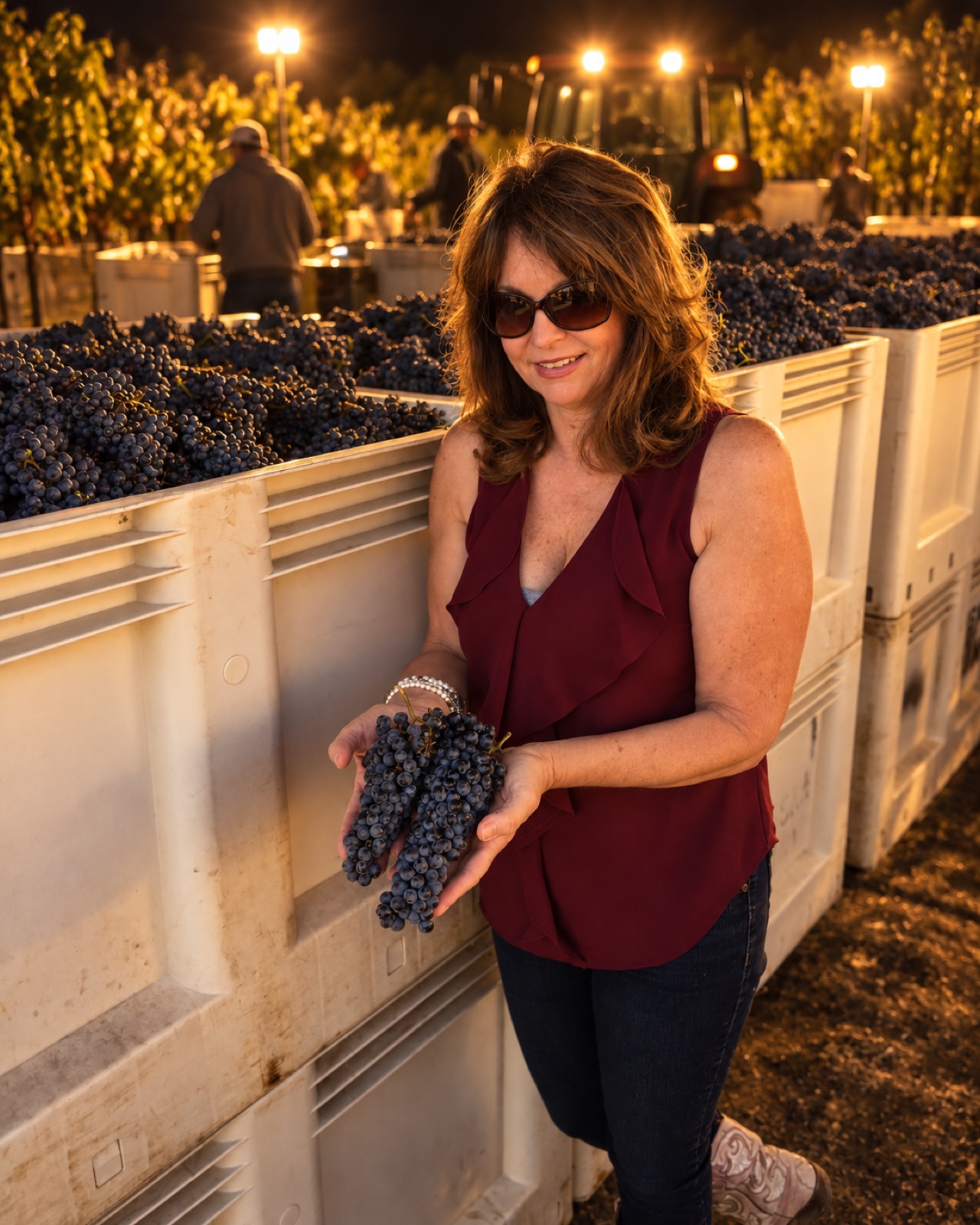 Grapes held up at the vine at golden hour